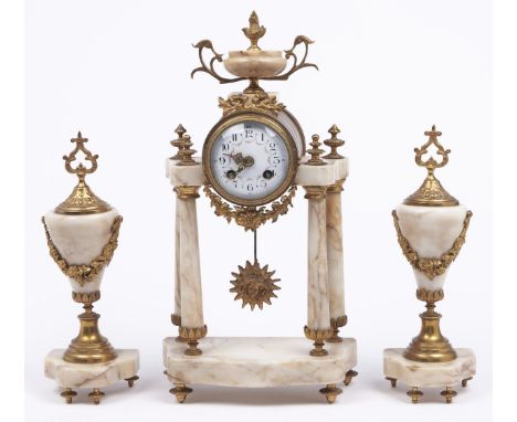 A French ormolu mounted marble clock garniture, early 20th c, in Louis XVI style, the colonnade clock with urn finial, drum c