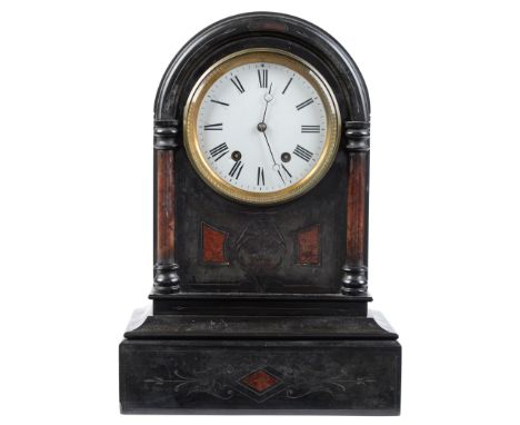 A marmo nero belgio and inlaid mantel clock, late 19th c, the arched case with pilasters and 5" enamel dial with Breguet hand