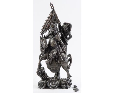 A Chinese carved hardwood and silver wire inlaid sculpture of an immortal and attendant, early 20th c, with glass eyes and ri