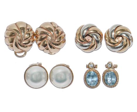 A pair of 9ct gold torsade earrings,&nbsp; another and two pairs of Mabe pearl or other gem set gold earrings,&nbsp; each wit