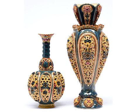 Two Zsolnay double walled, reticulated vases, late 19th c, decorated in a similar palette of predominantly teal blue and ochr