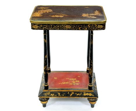 A Regency chinoiserie japanned lamp table, early 19th c, with brass rim, on associated base and turned feet, 73cm h; 39 x 51.