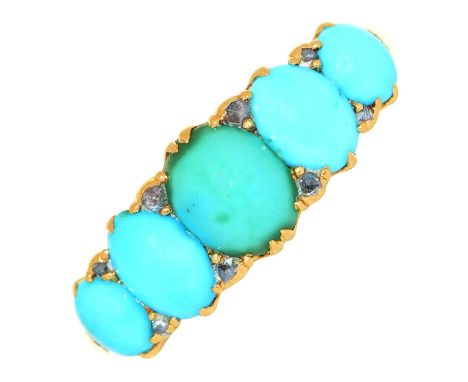 A turquoise ring,&nbsp; with diamond accents, in gold marked 18c, 4.4g, size P  Light wear