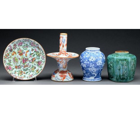 A Chinese Canton celadon ground famille rose plate, late 19th / early 20th c,&nbsp;22.5cm diam, a Chinese blue and white jar 