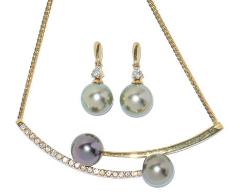 A diamond and&nbsp; grey cultured pearl necklet,&nbsp; in gold marked 750, 42cm&nbsp;and a pair of earrings en suite, 18.8g (