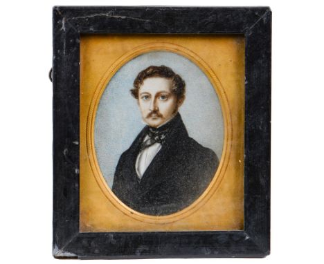 English School, 19th c - Portrait Miniature of a Man, bust length in a black coat, wearing a moustache, ivory, oval, 88mm, eb