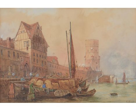K E Booth (early 20th c) - Spreading the Net, signed and inscribed, watercolour, 33 x 51cm and E Lewis - Dutch Harbour Scene,