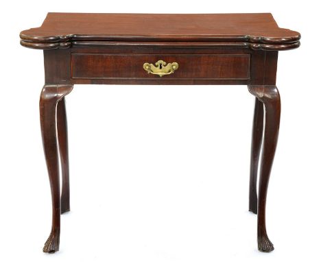 A George II mahogany tea table, a drawer to the frieze with brass handle-escutcheon, on cabriole legs and carved feet, 73cm h