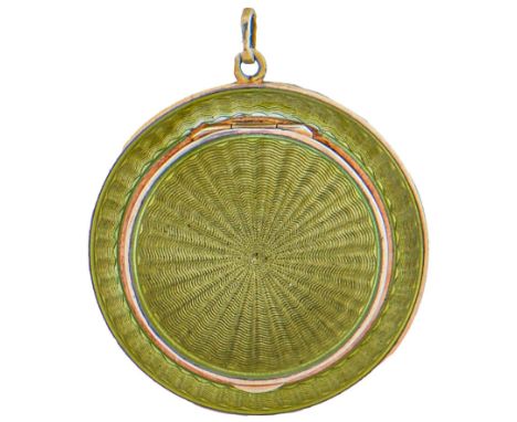 A silver gilt and chartreuse guilloche enamel compact, with mirror to the underside of the lid, 40mm diam, import marked, And