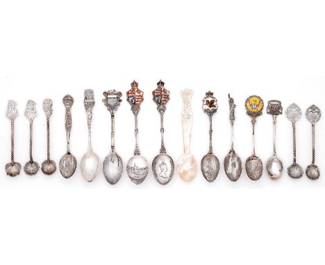 Miscellaneous silver and silver coloured metal souvenir spoons, several enamelled, 20th c, 5ozs and a mother of pearl spoon  