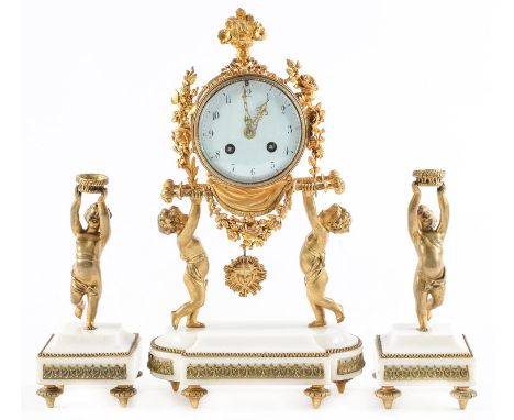 A French ormolu and statuary marble garniture de cheminee, early 20th c, in Louis XVI style, the drum cased clock held aloft 