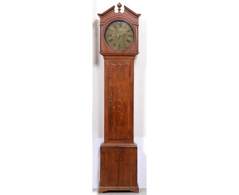 A George III oak 30 hour longcase clock, Whitehurst Derby, the 13" round brass dial engraved with tied boughs and a flower to