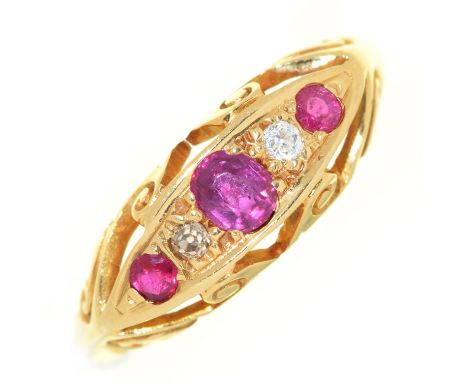 A ruby and diamond ring,&nbsp;in 18ct gold, Birmingham 1918, 2.3g, size K  Light wear