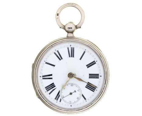 An English silver lever watch, William Pearce, Bradford, No 12955, with enamel dial in engine turned case, 55mm, Chester 1876