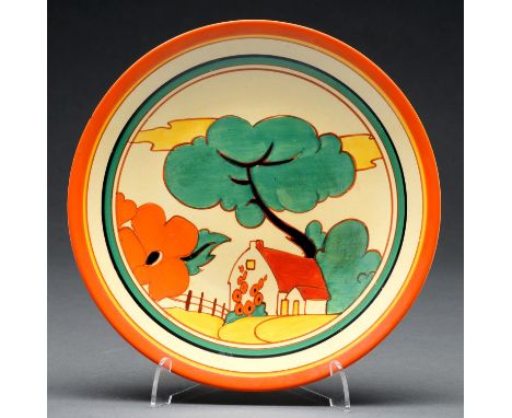 Clarice Cliff. An A J Wilkinson Red Roofs plate, 1931, 23cm diam, printed mark  Tiny flat rim chip at 10 o'clock hardly visib
