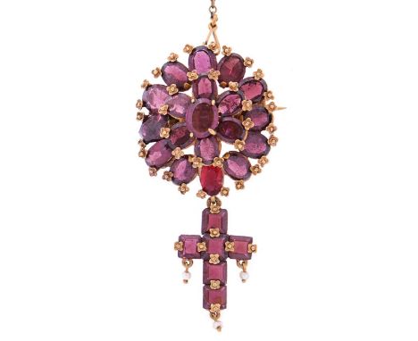 An amethyst brooch and&nbsp; cross,&nbsp; with seed pearl drops, in gold, 54mm, 9.2g  Good condition