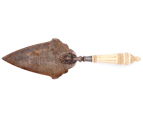 A Victorian silver trowel, engraved with foliage around the inscription West Gloucester Waterworks Frampton Cotterell Present