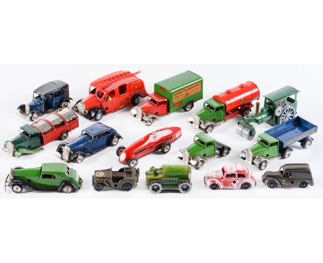 Tinplate toys. A collection of Minic vehicles, to include fire engine, lorry, tanker, steam roller and cars (approximately 16