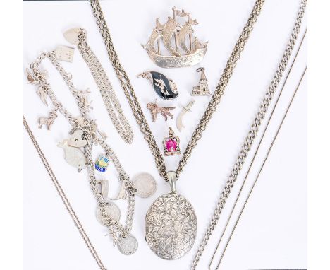 Miscellaneous silver jewellery, to include a ship brooch, maker F E K, London 1992 and a charm bracelet, 4ozs 8dwts excluding