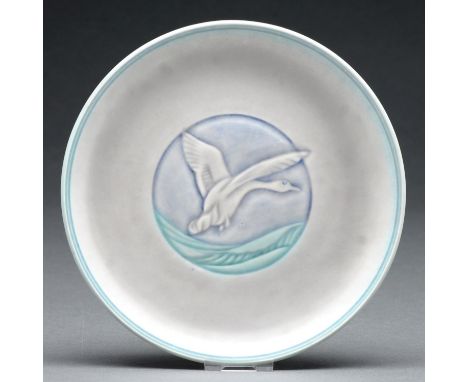 A Pilkington's Royal Lancastrian carved eggshell glazed plate&nbsp; by William S Mycock, 1936, with a swan, 20.5cm dam, impre