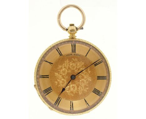 A Swiss gold cylinder lady's watch, B &amp; L Baume Geneve, c1870, with engraved dial, engine turned and engraved case with g