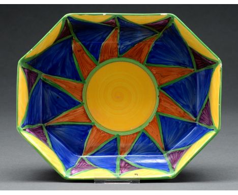 Clarice Cliff. An A J Wilkinson Original Bizarre octagonal bowl, 1928, 24.5cm l, green printed mark, painted Bizarre in red  