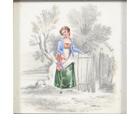 English School, early 19th c - The Milkmaid; The Cottage Gate, a pair, watercolour, 10 x 10cm, ebonised frames (2)  Good cond