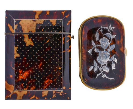 A Victorian tortoiseshell and pique card case, 10.5cm and a 19th c floral engraved silver inset tortoiseshell mounted brass p