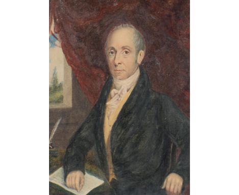 British School, 19th c - Portrait Minatare of a Gentleman, seated half length at a writing table before red drapery, watercol