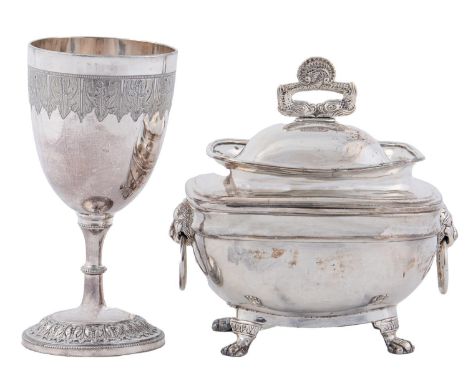 A Sheffield plate tea caddy and cover, early 19th c, with dolphin and lion mask handles, 15cm h and a Victorian EPNS goblet (