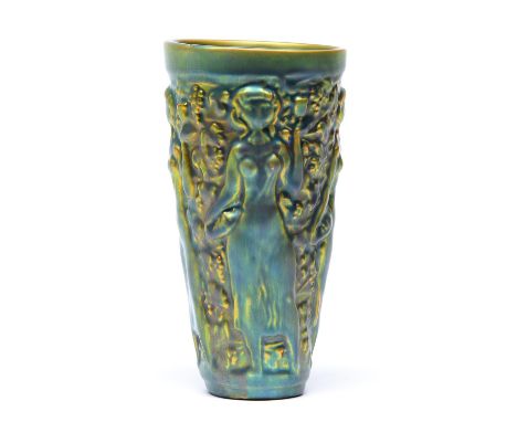 A Zsolnay Eosin beaker shaped vase, second half 20th c,&nbsp;with a repeated moulded design of a female cup bearer, 16cm h, p