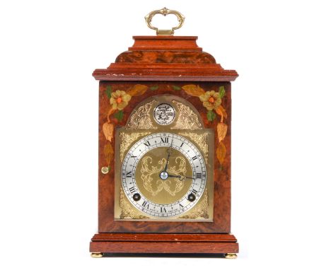 A walnut and marquetry mantle clock, F W Elliott Ltd, late 20th c, in the form of a mid 18th c English bracket clock, the mov