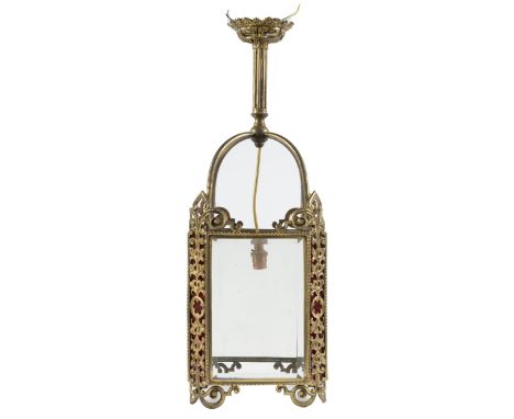 A lacquered brass hall lantern, late 19th / early 20th c,&nbsp;of square form with cantered angles, foliate pierced within be