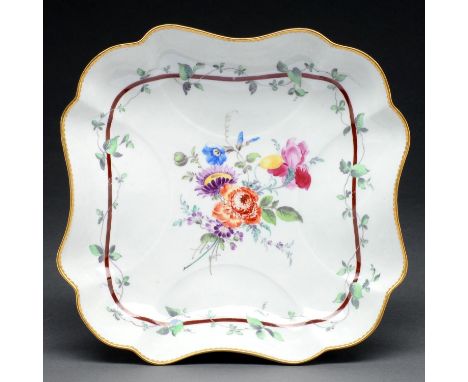 A Worcester dessert dish, outside decorated, c1770-72, freely painted with a loose bouquet framed by a brown line entwined wi