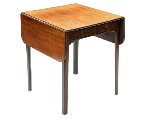 A George III mahogany Pembroke table, the drawer with brass drop handles, on moulded legs, 70cm h; 61 x 105cm  Top faded rela