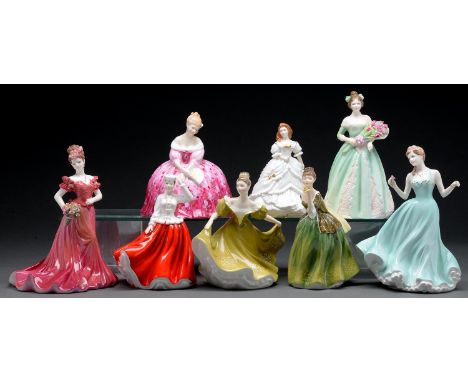 Eight Royal Doulton, Coalport and Royal Worcester bone china figure of young women, late 20th c, 22cm and smaller, printed ma
