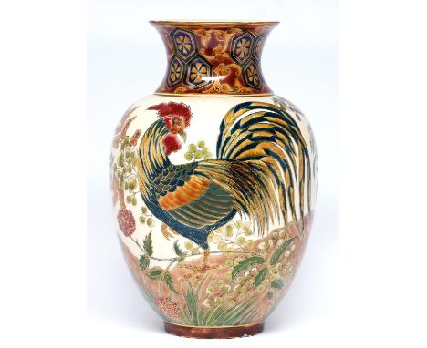 A Zsolnay vase, late 19th c, of Japanese inspiration, decorated with a cock and hen in a continuous landscape, the waisted ne