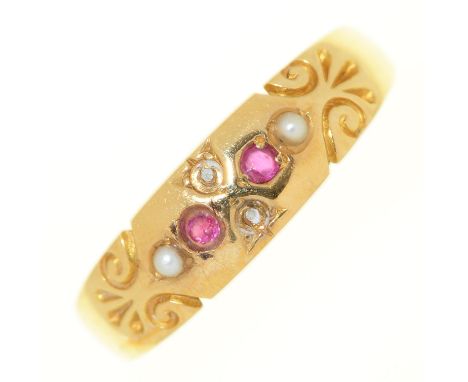 A Victorian ruby and split pearl ring, in 18ct gold, Birmingham 1900, 2g, size P  Wear consistent with age; lacking two split