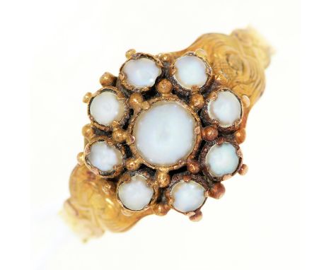 A split pearl cluster ring,&nbsp; c1900, in gold, with engraved shoulders and hoop, 2g, size L  Light wear