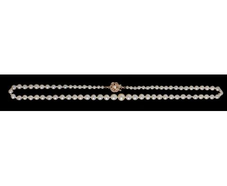 A cultured pearl necklace,&nbsp;of 4-7mm cultured pearls, 9ct gold clasp, Birmingham 1984, 14g  Good condition