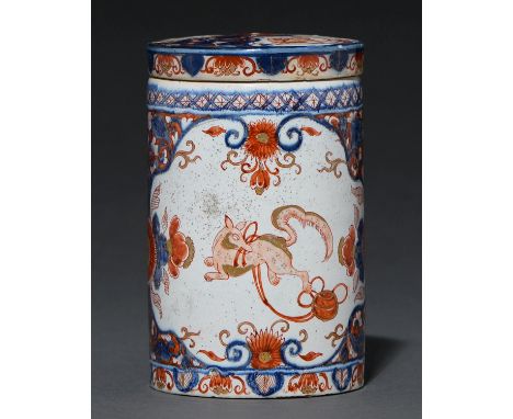 A Dutch Delftware canister and cover, Ary van Rijsselberg, early 18th c, decorated in the Imari style with a leaping creature
