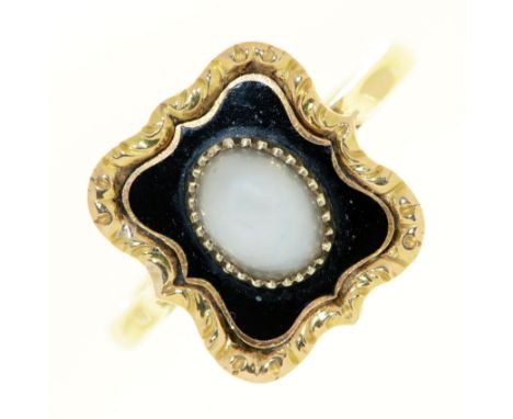A Victorian split pearl gold and black enamel mourning brooch adapted as a ring, marked 18ct, 4.8g, size M  Good condition