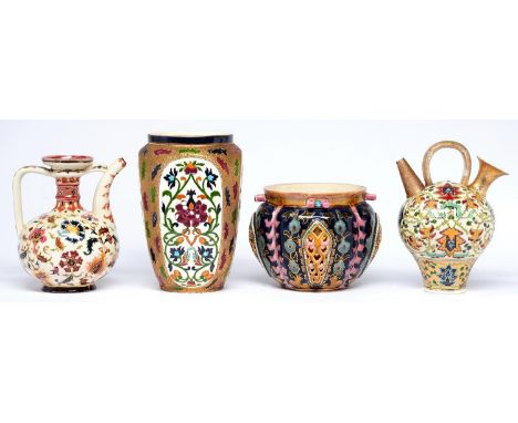 A Zsolnay oil lamp base and another attributed to Fischer, both late 19th c, the Zsolnay example decorated with flowers and p