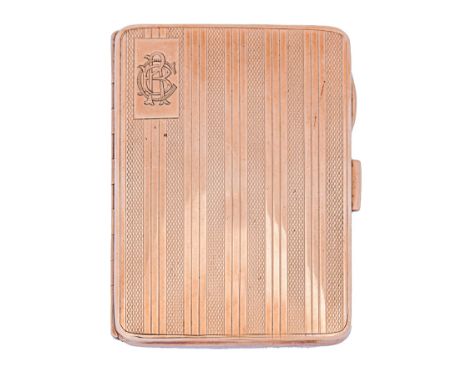 A 9ct gold cigarette case, engine turned, 80mm, by William Neale Ltd, Birmingham 1925, 63g  As new, engraved with presentatio