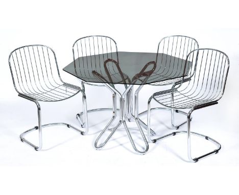 An Italian chromium plated tubular metal table&nbsp; with octagonal glass top&nbsp;and a set of four contemporary chairs, c19