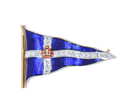 A diamond, gold and enamel Royal Thames Yacht Club burgee brooch, early 20th c,&nbsp;37mm, marked 15ct PT, 7g  Enamel very sl