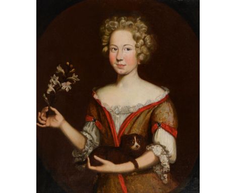English School, late 17th c - Portrait of Marthe de Beauvoir, half length in a red trimmed and gold embroidered dress with je