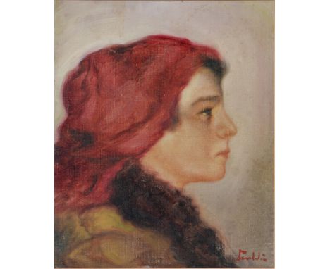 European School, 20th c - The Red Scarf, indistinctly signed, oil on canvas laid on board, 31 x 25.5cm  Good condition; unexa