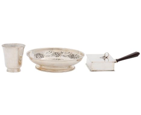 A Mexican silver beaker, dish and cigarette box, 20th c, the dish chased with flowers, 17cm diam, variously marked, including