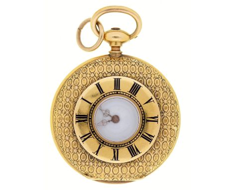 A Swiss gold half hunting cased cylinder lady's watch, late 19th c,&nbsp; with enamel dial, in engine turned case with gold c